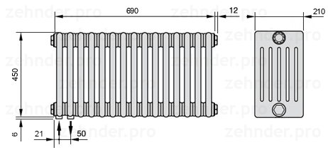Схема (чертеж) Радиатор Zehnder Charleston 6045/15 №3370 Белый глянцевый RAL 9016